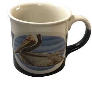Vtg Sea Pelican Coffee Mug; Nautical Cup; Coastal Bird, Pottery Thrown, Tricolor